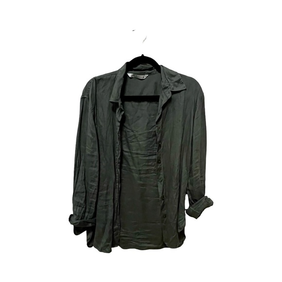 ZARA 100% Linen Button Down Military Green Shirt Sz S - Picture 2 of 5